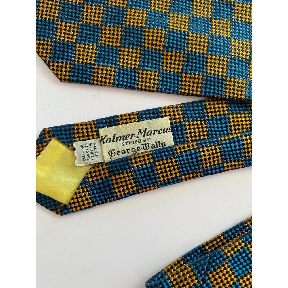 Kolmer-Marcus George Wally Vintage Silk Tie Teal Gold Checkerboard Woven Mens